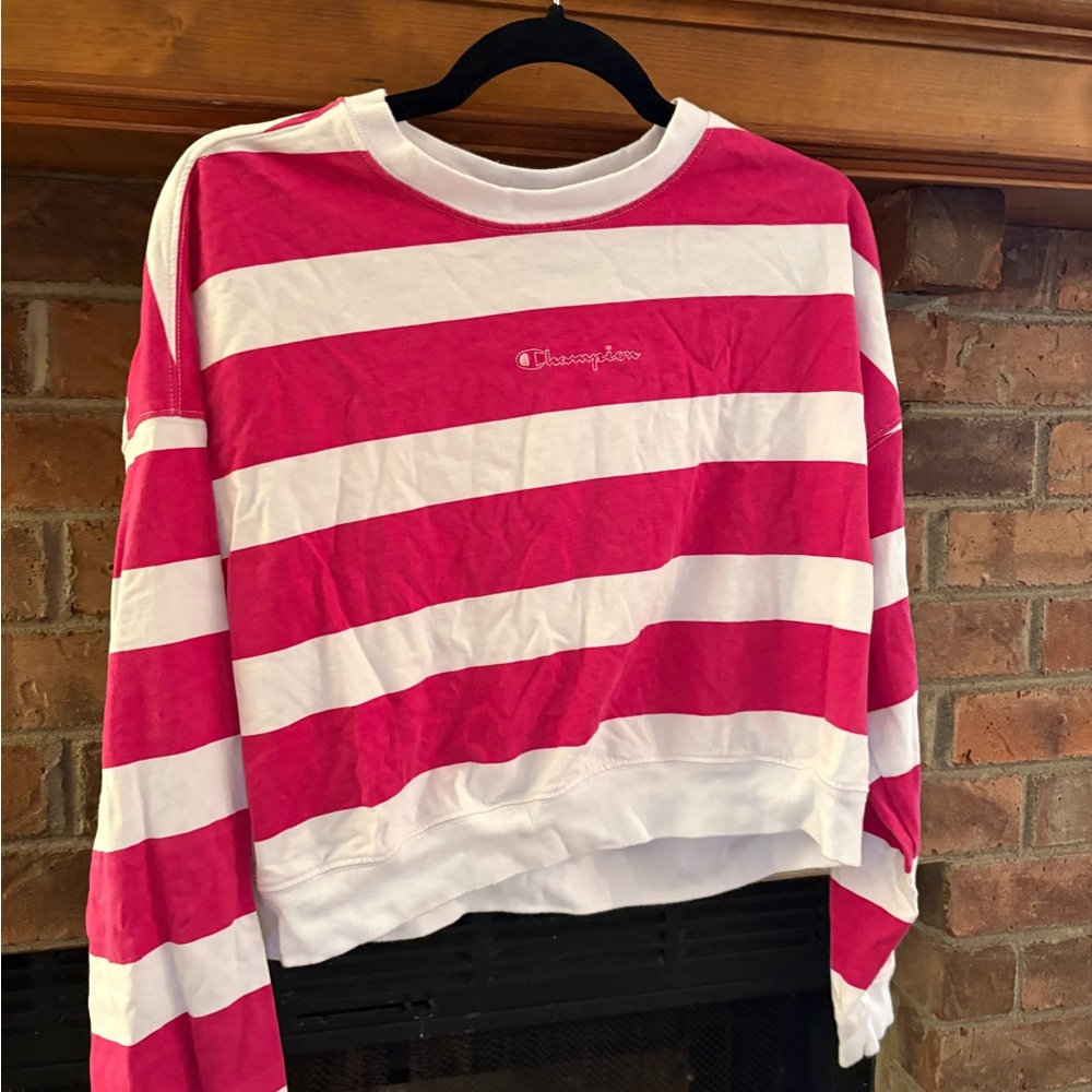 Vintage Champion Bold Pink and White Striped Sweatshirt